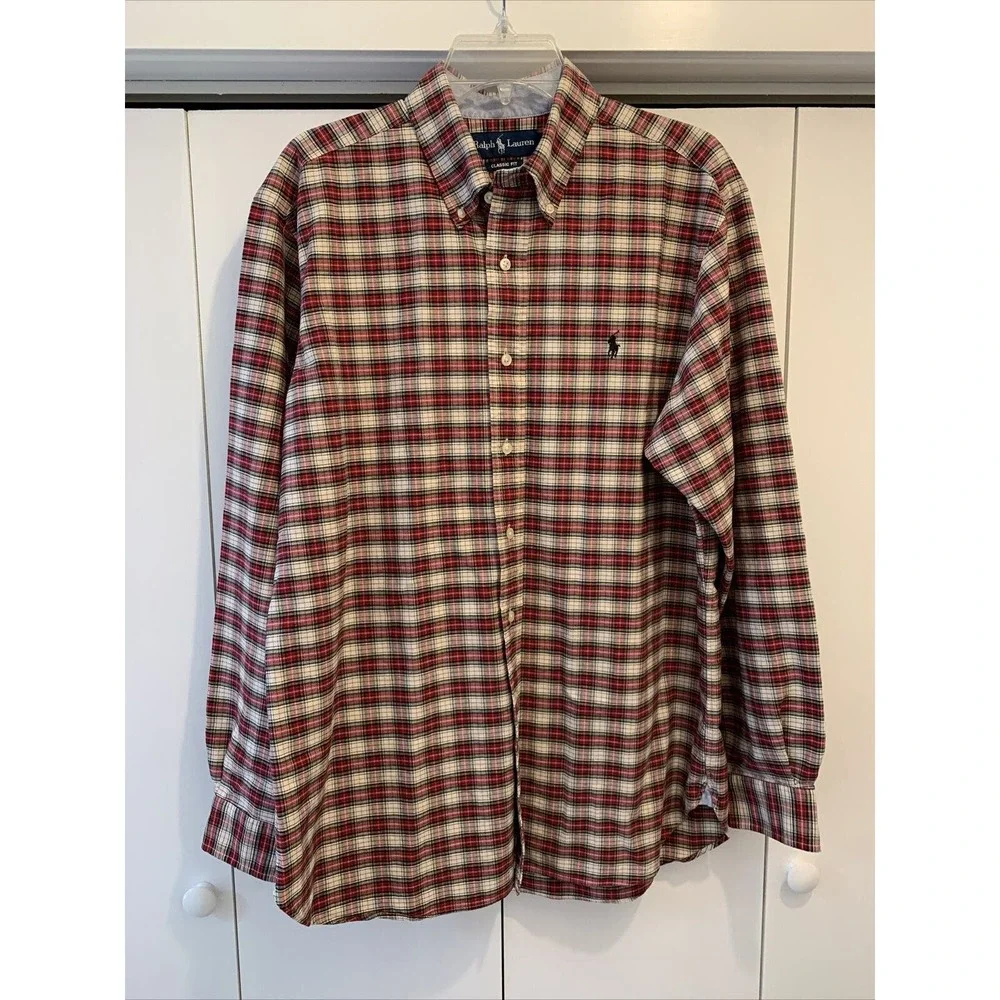 VTG Ralph‎ Lauren Polo CLASSIC FIT Button Up Shirt ~ Sz L RED/BLACK/WHITE PLAID